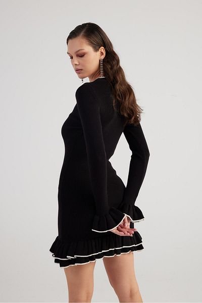 HOLLY LOLLY Black Mini Rebeca Knitwear Dress - Ruffle and Special Texture