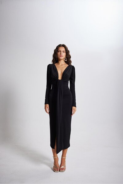 HOLLY LOLLY V Yaka Karpuz Kol Maxi Moonlight Elbise Siyah