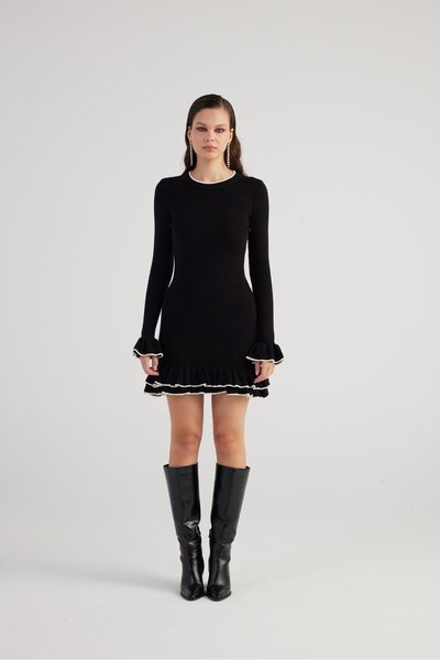 HOLLY LOLLY Black Mini Rebeca Knitwear Dress - Ruffle and Special Texture