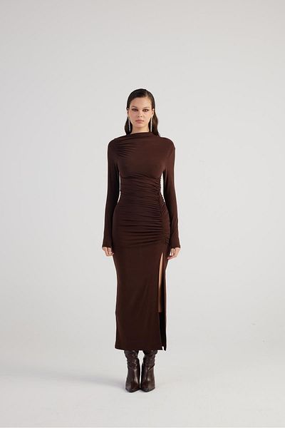 HOLLY LOLLY Brown Colored Long Jasmine Dress with Drapers and Slits
