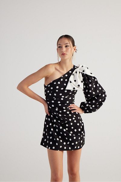 HOLLY LOLLY Black Mini Polka Dress - Polka Dot, Detachable Ribbon and Single Sleeve