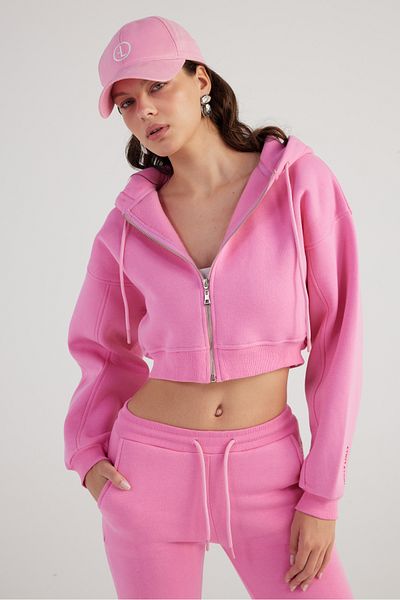 HOLLY LOLLY Pink Hooded Long Sleeve Zippered Crop Sweatshirt