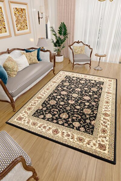 Red Halı Bordürlü Klasik Çiçek desen İran Tarzı Afgan Halısı Siyah Halı Jüt H...