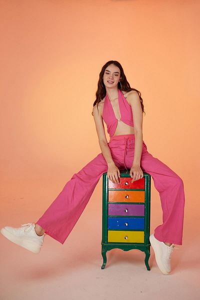 HOLLY LOLLY Koton Fabric Strap Loose Cut Rise Trousers Pink