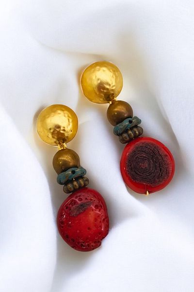 PETEK AKSESUAR Natural Stone Design Coral Earring Red