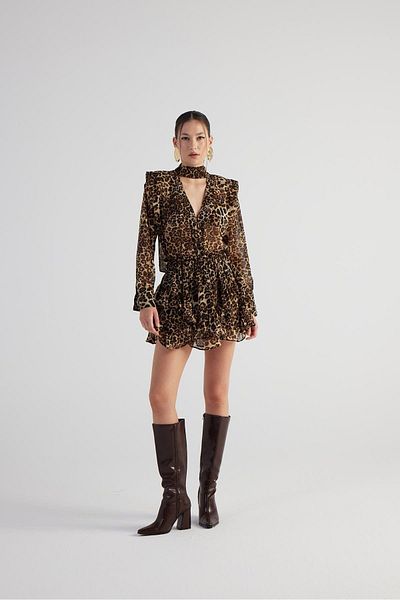 HOLLY LOLLY Leopard Patterned Kaia Skirt with Asymmetric Cut Shorts - Brown