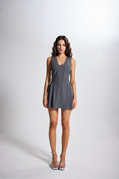 HOLLY LOLLY Beli Korse Detaylı Çizgili Mini Norma Elbise Gri