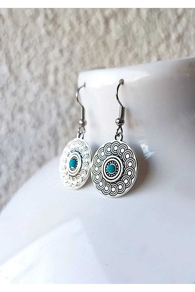 NHOUSE Turquoise Turquoise Stone - Circle Shaped Dangle Retro Earrings