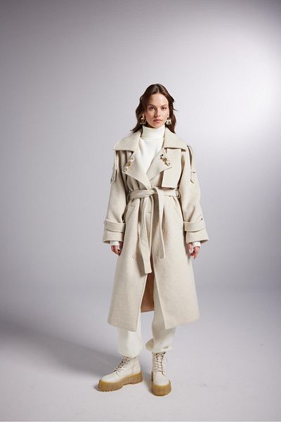 HOLLY LOLLY Accessory Detailed Wool Blend Maxi Length Woody Coat Ecru