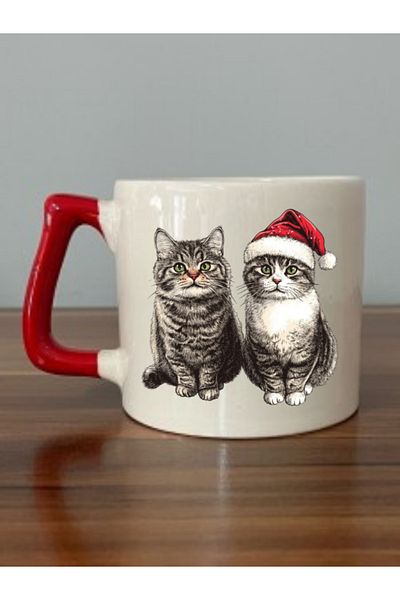lili hediyelik Cat in New Year's Eve Printed Red Handle Mug Cup Christmas New Year's Gift