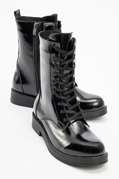 LuviShoes HELLOS Siyah Rugan Hakiki Deri Kadın Postal Bot
