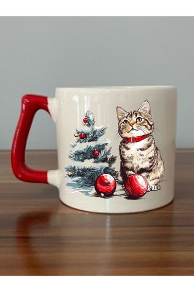 lili hediyelik Christmas Cat Printed Red Handled Mug Cup Christmas New Year Gift