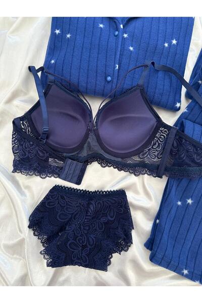 Lena Homewears Lacivert İç Çamaşırlı Yıldız Desenli Düğmeli Polar Pijama Takımı