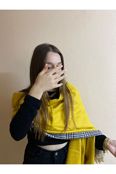 sema aksesuar Жовтий і чорно-білий двосторонній шарф з широкими бахромами та ...