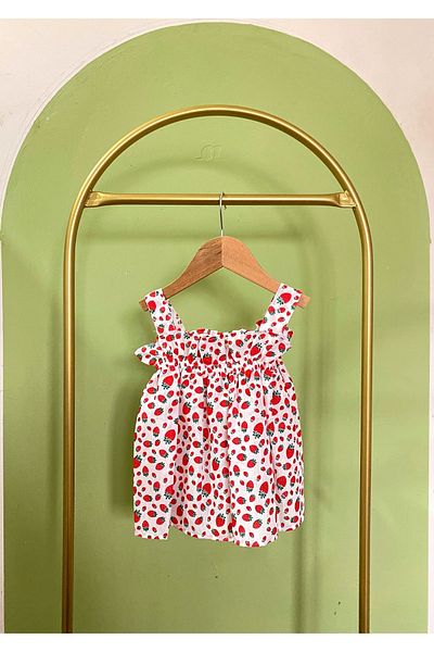 HELEN KİDS Baby Girl Strapless Strawberry Patterned White Dress