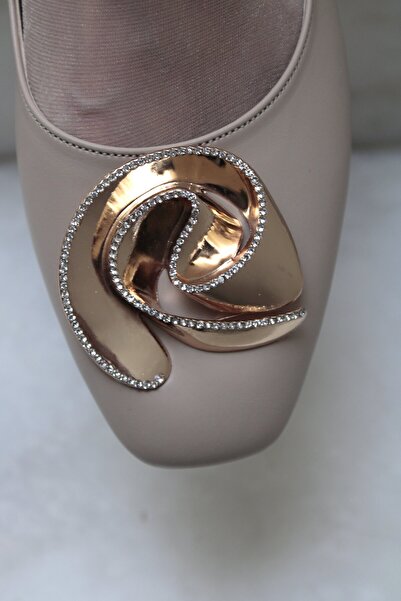 Haffhane Bej Taşlı Cilt Kadın Topuklu Ayakkabı