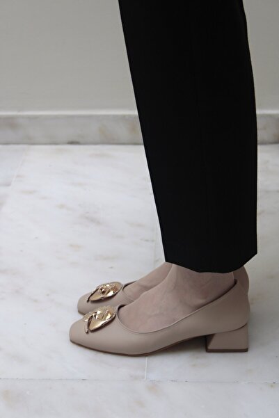 Haffhane Bej Taşlı Cilt Kadın Topuklu Ayakkabı