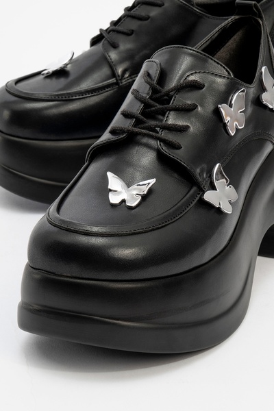 LuviShoes Черни кожени дамски обувки с токчета и катарама с пеперуда Vaness