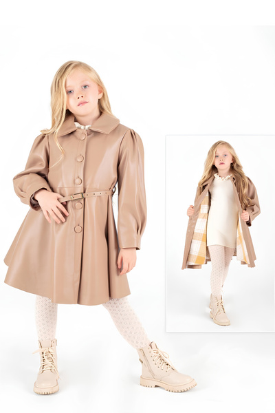 Momikon Kız Çocuk Kemer Detaylı Geniş Kesim Uzun Deri Kaban