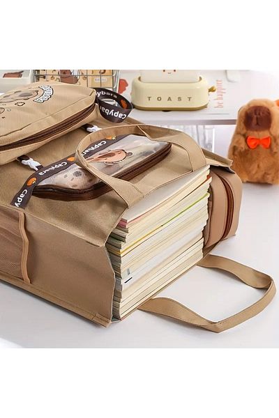 GlassySKY Oxford Cloth Capybara Embellished Student Schoolbag, Easy to Carry Office Material File Bag