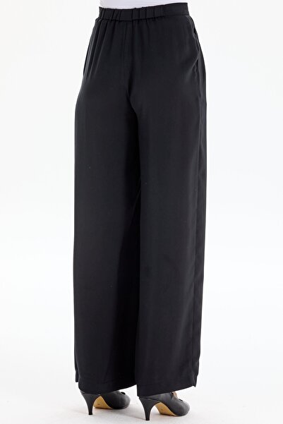 Tuğba Pile Detaylı Bol Paça Pantolon - Siyah