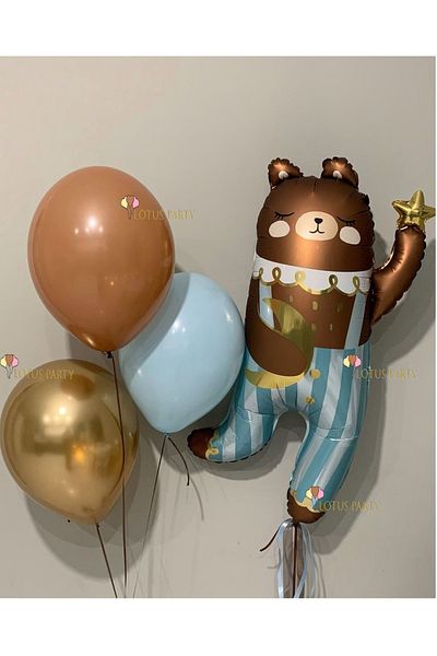 LOTUS PARTY Retro Cute Bear in Blue Overalls Foil Balloon Chrome Gold Balloon - Brown Blue Color Balloon