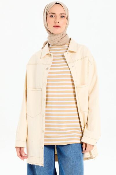 Tuğba Garnili Kısa Kollu Çizgili Örme Tişört - Bej - Ekru