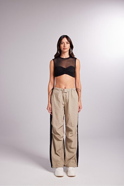 HOLLY LOLLY Bel Ve Paçası Ayarlanabilir Lastikli Çift Renk Bicolor Paraşüt Pantolon Bej