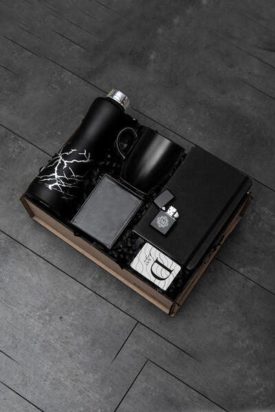 TrendHediye Özel Ahşap Kutusunda & Estetik Siyah Matara, Ajanda, Cüzdan, Magn...