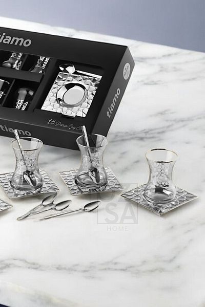 ÖzSa Home Tiamo Seljuk Premium 18/10 Stainless Steel 18 Piece Tea Set Tea Cup Tea Plate Dowry