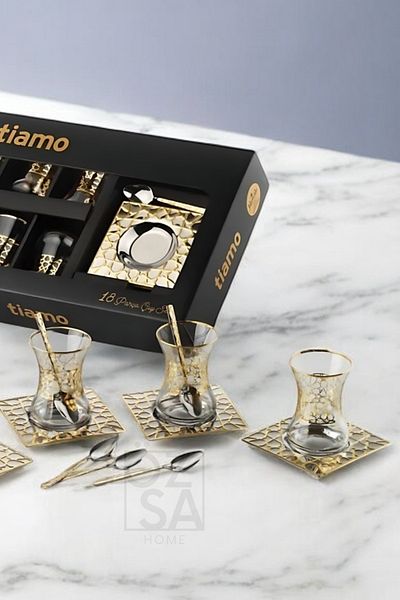 ÖzSa Home Tiamo Seljuk Premium 18/10 Stainless Steel 18 Piece Tea Set Tea Cup Tea Plate Dowry