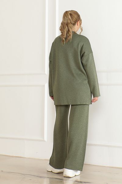 Molly Nelly Women's Crew Neck Khaki Sweater Pants Silvery Knitwear Set