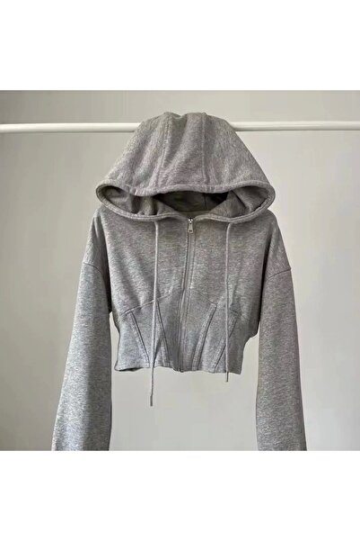 Violon Gri Korse Kesim Yeni Fermuarlı Crop Hırka