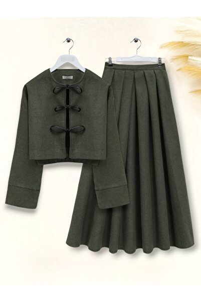 Modamorfo Pleated Skirt Front Tie Stitched Set - Khaki