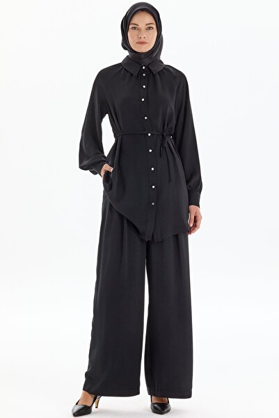 Tuğba Pile Detaylı Bol Paça Pantolon - Siyah