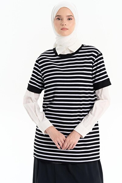 Tuğba Garnili Kısa Kollu Çizgili Örme Tişört - Siyah - Ekru