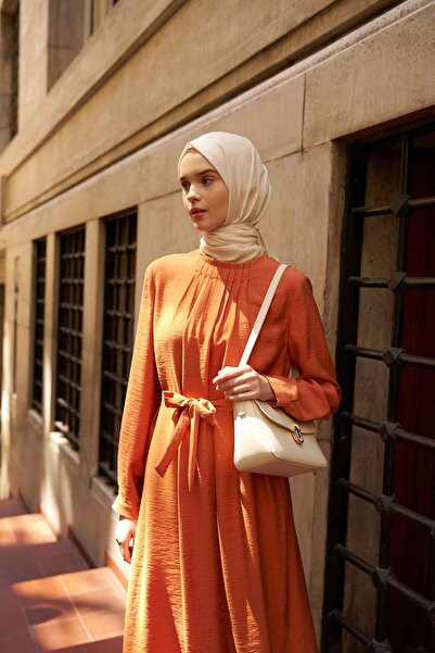 Tuğba Yakası Pile Detaylı Tunik Pantolon Takım - Kiremit