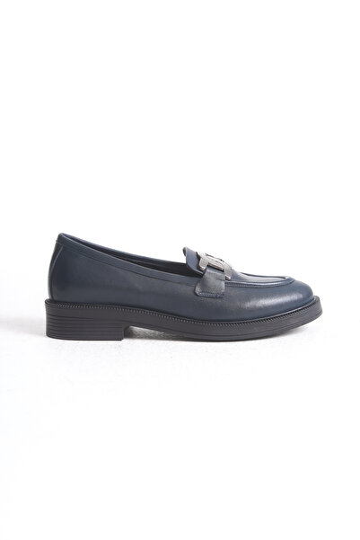 Deassa Hakiki Deri Lacivert Cilt Tokalı Loafer Kadın Ayakkabı