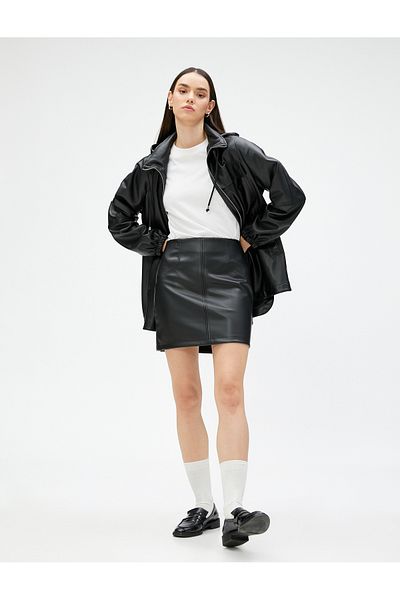 Koton Faux Leather Raincoat with Concealable Hooded