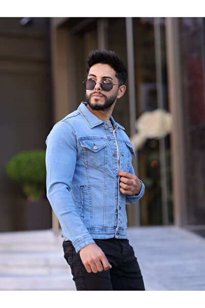 WKM Чоловічий джинсовий піджак з кишенями та ґудзиками, стандартний крій, колір «крижано-синій»