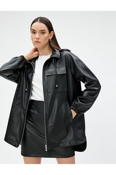 Koton Faux Leather Raincoat with Concealable Hooded