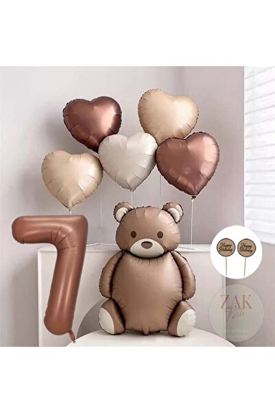 ZEAP Retro Ayı Kahverengi Kalp Rakam Folyo Balon Doğum Günü Balon Seti-7 Yaş