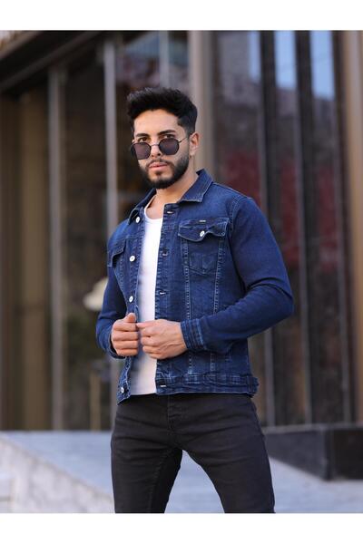 WKM Jachetă de blugi pentru bărbați, albastru bleumarin, cu buzunare, cu nasturi