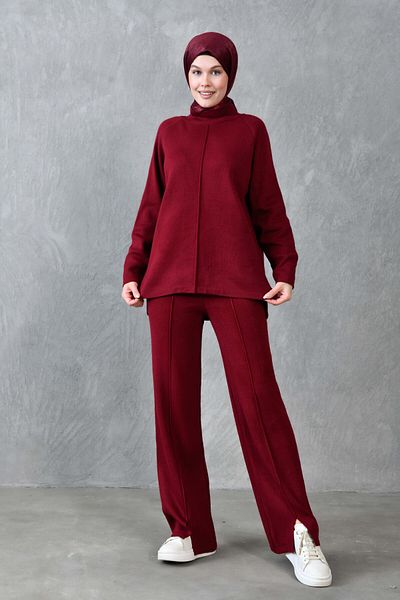 bayansepeti Claret Red Hijab Bottom-Top Set - Stand γιακά, μακριά μανίκια, μπλουζάκια και σπαστά πόδια 1070