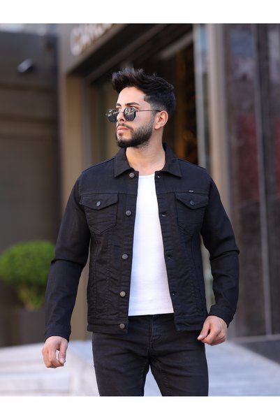 WKM Erkek Siyah Jean Denim Standart Kalıp Cepli Düğmeli Kot Ceket