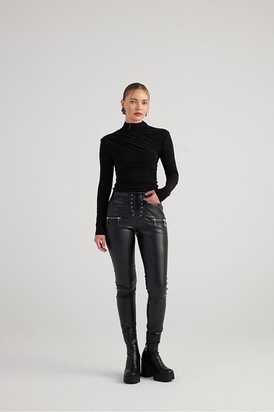 HOLLY LOLLY Gina Black Leather Trousers - Lycra and Eyelet Detail