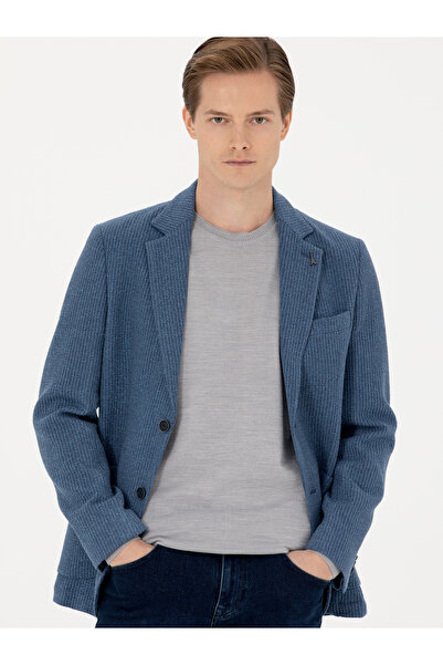 Cacharel Mavi Slim Fit Yün Karışımlı Flanel Ceket 50272639-VR036