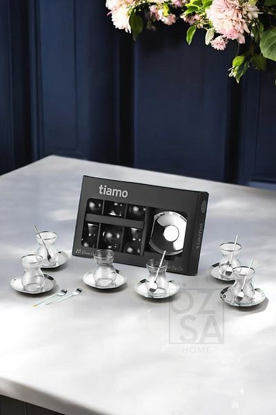 ÖzSa Home Tiamo Areo Premium - 18/10 Stainless Steel Tea Set 18 Pieces with Tea Cup and Saucer Dowry