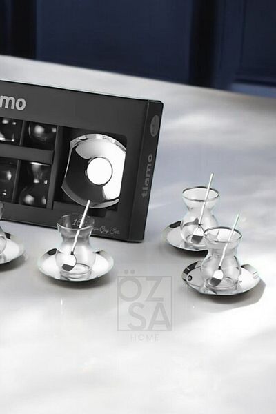 ÖzSa Home Tiamo Areo Premium - 18/10 Stainless Steel Tea Set 18 Pieces with Tea Cup and Saucer Dowry