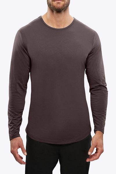 QMARI Μωβ καφέ Μακρυμάνικο Ανδρικό Μπλουζάκι Basic - Crew Neck, Lycra, Oval Cut